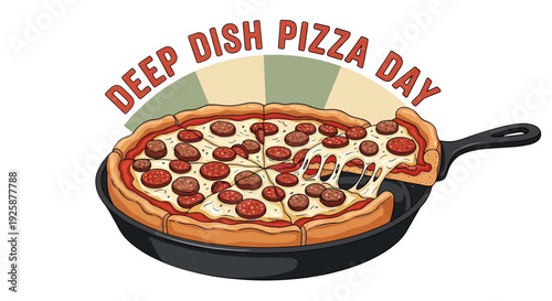 Deep Dish Pizza in Pan Illustration.