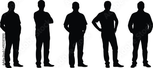 Collection of five diverse men silhouettes standing in various casual poses, male figures with hands on hips and pockets, isolated on white background, vector set