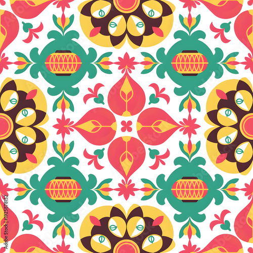 vector seamless repeating rangoli pattern in flat vector style. The design features symmetrical geometric shapes, floral motifs, peacocks, lotus flowers, and traditional oil lamps (divas).