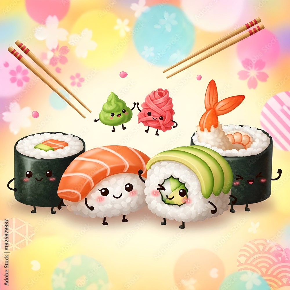 Fototapeta premium cheerful, brightly colored, digitally illustrated image featuring six anthropomorphic sushi and related food items 