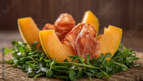 Cantaloupe slices encased in prosciutto atop arugula