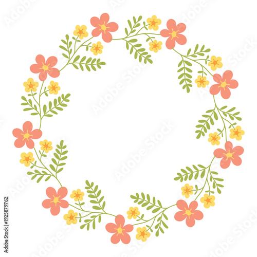 Spring Floral Wreath with Wild Flower and Botanical Leaf Illustration for Wedding Invitation Design