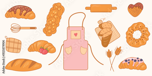 Bakery Pastry Illustration Set with Bread Croissant Donut and Sweet Dessert Collection