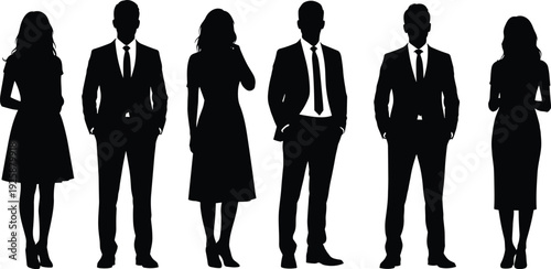 Collection of six diverse business people silhouettes, men in professional suits and women in formal dresses, corporate team standing, isolated on white background, vector