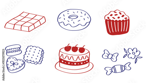 Retro Dessert Illustration Set with Cake Cupcake Candy and Vintage Sweet Collection