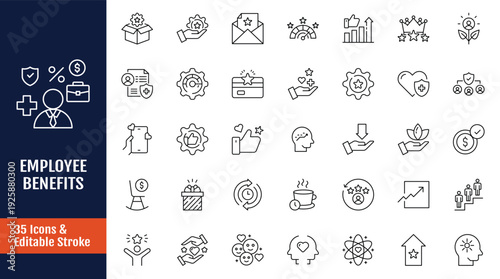 Employee Benefits icon set. Icons related health insurance, pension, bonus, social security, motivation, opportunity, paid vacation, and more. Outline icon with Editable stroke. Vector illustration