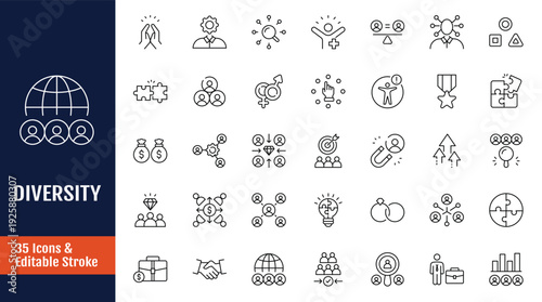 Diversity icon set. Icons related to equality, culture, difference, languages, tolerance, human rights, ethnicity, and more. Outline icon with Editable stroke. Vector illustration