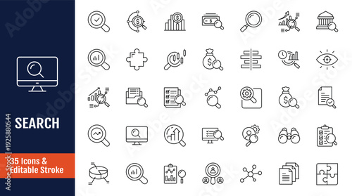 Search icon set. Icons related to magnifying glass, find, research, SEO, investigate, and more. Outline icon with Editable stroke. Vector illustration