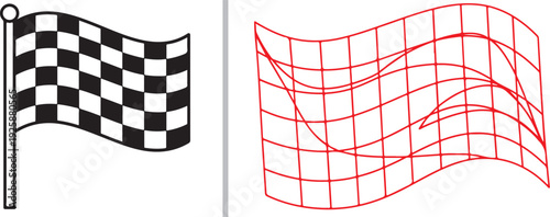 A graphic comparison featuring a classic black and white checkered racing flag on a pole and a red wireframe mesh representation of the same waving flag shape, highlighting digital structure.