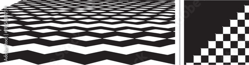 Two monochrome vector panels: one features a distorted zig-zag perspective grid, while the other shows a sharp diagonal transition between solid black and a checkered pattern.