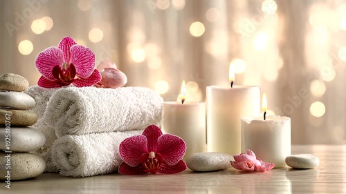 A serene spa scene with orchids, candles, white towels, smooth stones, and a soft, blurred light