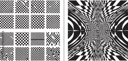 A collection of monochrome optical illusions featuring a grid of sixteen varying checkerboard patterns on the left and a large, warped, psychedelic checkerboard tunnel effect on the right.