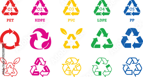 Recycling symbols for pet hdpe pvc ldpe pp plastic types on transparent background
