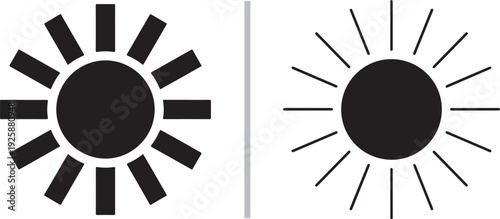 A pair of minimalist sun icons: a bold solid black sun with thick rectangular rays on the left, and a simple black sun with thin, fine radial rays on the right. Clean vector design for UI apps.