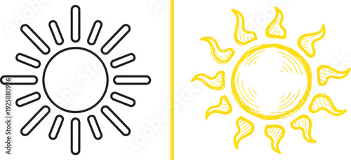 A side-by-side comparison of two sun icons: a minimalist black outline with rounded rays on the left and a hand-drawn yellow sun with wavy, sketched rays and cross-hatch shading on the right.