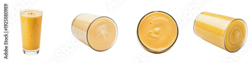 Foto Set and collection of fresh mango smoothies or fruit shakes in tall glasses from different perspectives, isolated on white transparent PNG background