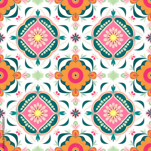 vector seamless repeating rangoli pattern in flat vector style. The design features symmetrical geometric shapes, floral motifs, peacocks, lotus flowers, and traditional oil lamps (divas).