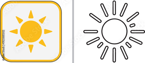 A side-by-side comparison featuring a vibrant yellow sun icon enclosed in a rounded square frame on the left, and a minimalist black-and-white sun outline with rounded rays on the right.