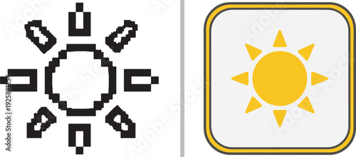 A side-by-side vector comparison featuring a black pixel-art sun icon on the left and a bright yellow sun symbol set within a rounded square frame on the right.