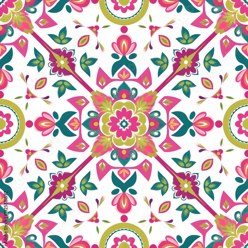 vector seamless repeating rangoli pattern in flat vector style. The design features symmetrical geometric shapes, floral motifs, peacocks, lotus flowers, and traditional oil lamps (divas).