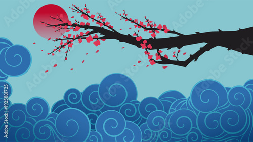Serene Japanese landscape with cherry blossoms and red sun