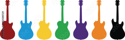 Seven electric guitars in rainbow colors isolated on transparent background for music concept