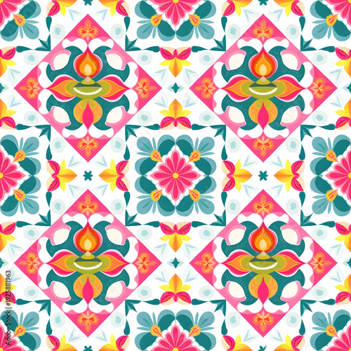 vector seamless repeating rangoli pattern in flat vector style. The design features symmetrical geometric shapes, floral motifs, peacocks, lotus flowers, and traditional oil lamps (divas).