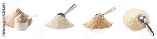 Photos Set and collection of organic protein powder piles with metal measuring scoops, isolated on white transparent PNG background