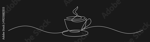 Continuous Line Art Drawing of Steaming Coffee Cup on Saucer, Minimalist Design on Black Background