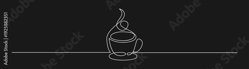 Continuous Line Art of Coffee Cup with Rising Steam on Black Background