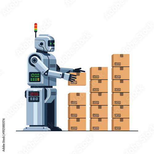 A cartoon-style robot stacking cardboard boxes in a warehouse setting with a cute expression on its face.