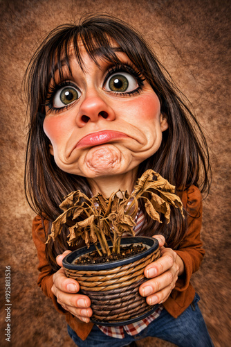 Sad woman holding dead plant – exaggerated caricature portrait about failure and neglect