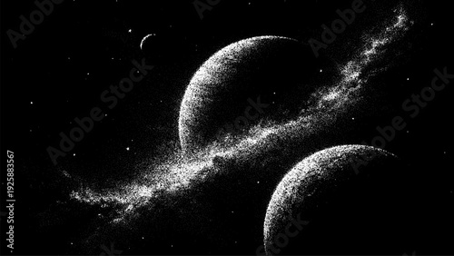 Planets and starry space stipple vector background. Cosmic landscape dots art for science, astronomy, technology, education. Universal adventure illustration.