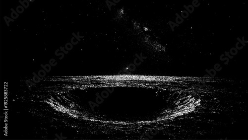 Large lunar crater on a stipple texture surface under a starry night sky. Space exploration and cosmic landscape background.
