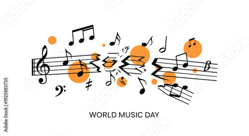 World Music Day icon set, musical notes and symbols. Created in vector style with black and orange colors.