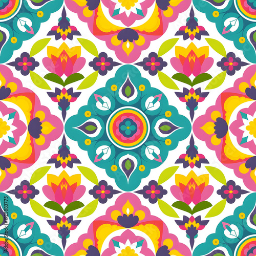 vector seamless repeating rangoli pattern in flat vector style. The design features symmetrical geometric shapes, floral motifs, peacocks, lotus flowers, and traditional oil lamps (divas).