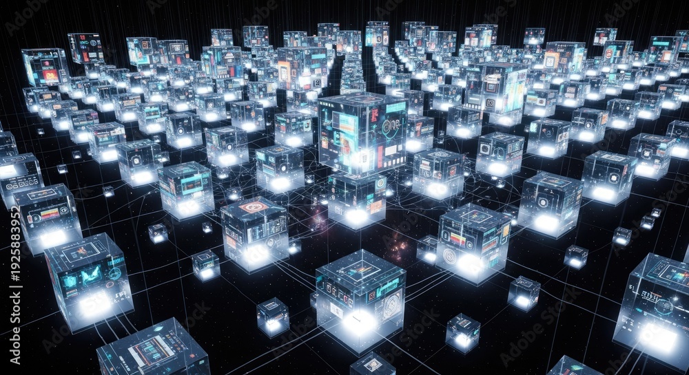 Fototapeta premium Abstract digital network illuminated cubes and data visualization concept