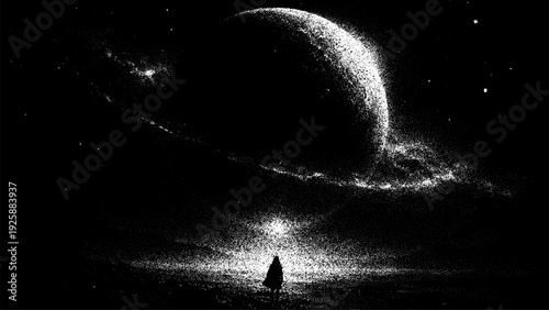 Woman looking at a planet with rings in a stipple effect. Space vector background for astronomy or science fiction concept.