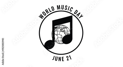 World Music Day logo, June 21, musical note and globe icon