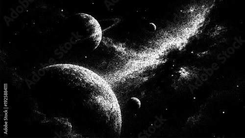 Planet space stipple background and cosmic dust, for dark graphic design element. Abstract black and white stippling galaxy.