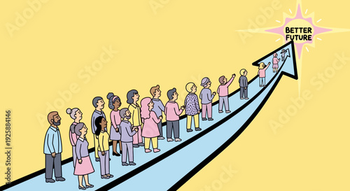 Diverse people walking together on a path towards a brighter future