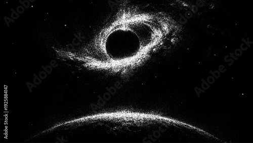 Stipple drawing of a black hole with a planet below. Stylized space background for astrophysics and science. Graphic design element for posters.