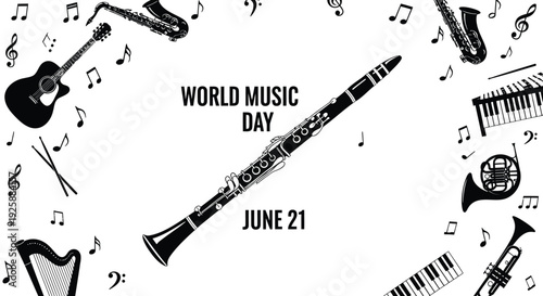 World Music Day icon set, June 21. Includes musical instruments, notes, symbols. Created in black and white line style with monochrome palette
