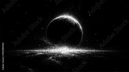 Dark planet with glowing rings and distant stars. Abstract digital space background design for science and galaxy concept.