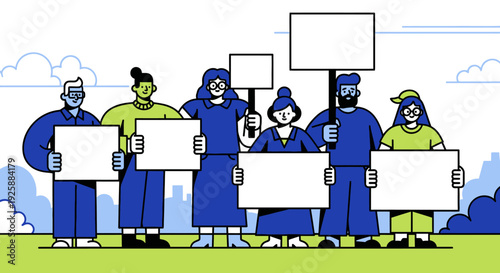 Group of people holding protest signs on green grass outdoors