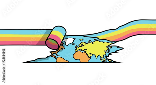 Rainbow colored liquid pouring onto a map of the world from a cylindrical container above