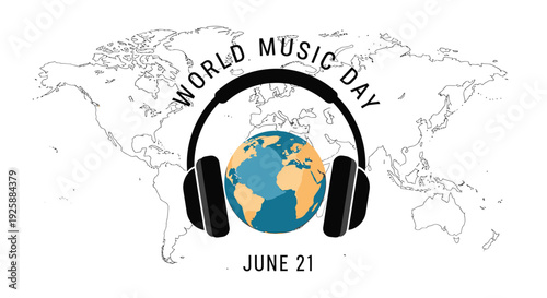 World Music Day icon with headphones and globe
