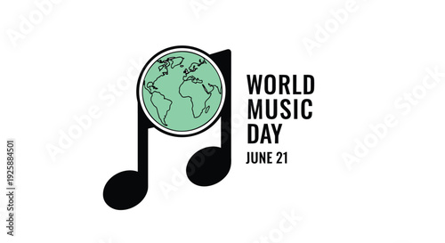 World Music Day icon, June 21, music note and globe vector graphic