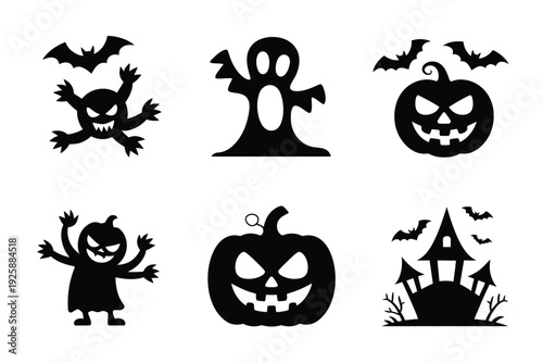 Halloween Silhouettes of Monsters, Bats, and Pumpkins