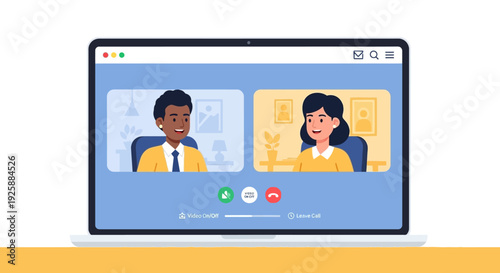 Laptop screen displays online meeting between man and woman in a virtual conference